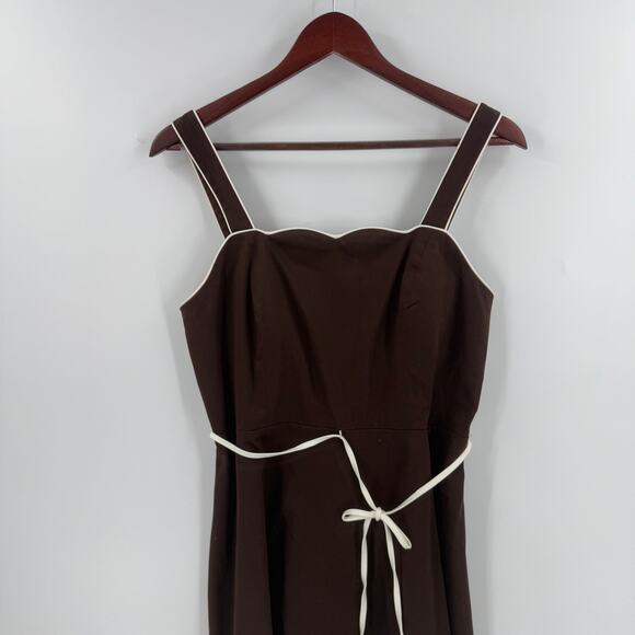Y2K Brown Cotton Mini Dress Square Neck Smocked Back with Tie Belt Size 12P - Picture 5 of 9